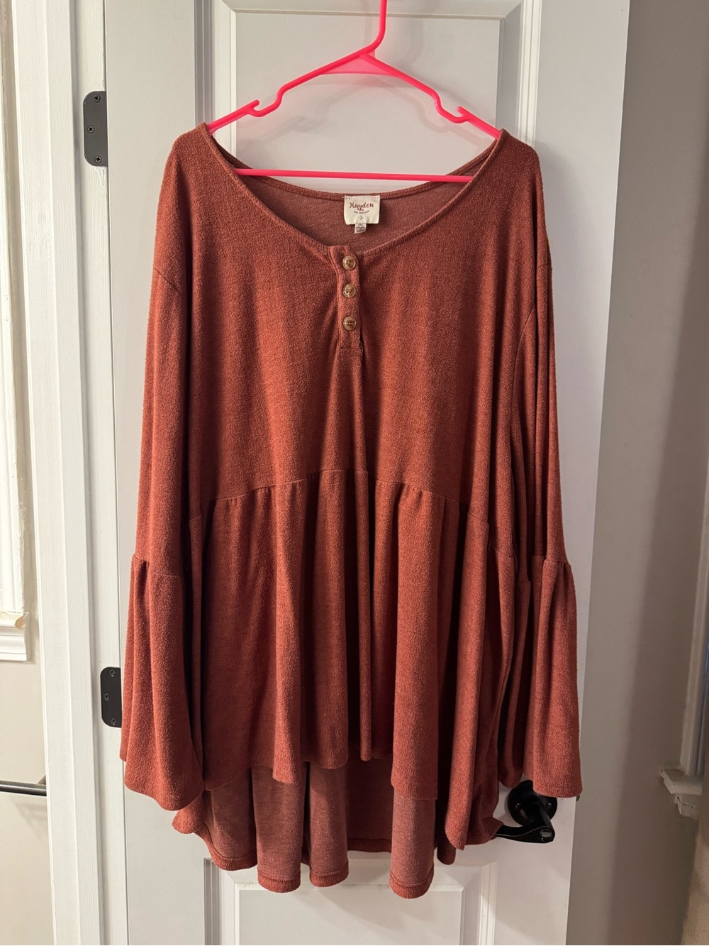 Rust Babydoll Henley Tunic with Bell Sleeves